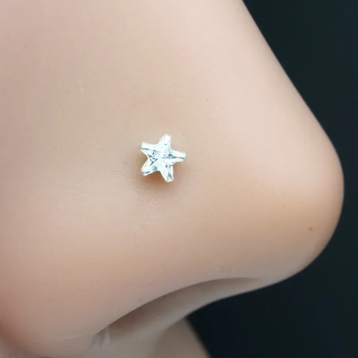 Karizma Jewels Rings 925 Real Silver Tiny Nose Stud White Star CZ Twisted nose ring L Bend 24g