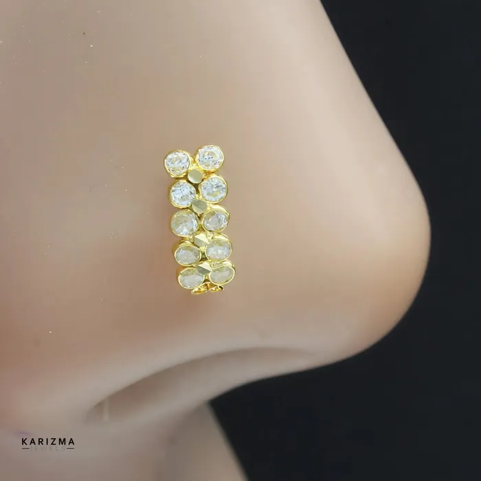 Karizma Jewels Rings Cute Vertical 18K Real Gold Indian Women White CZ Nose stud nose ring Push Pin