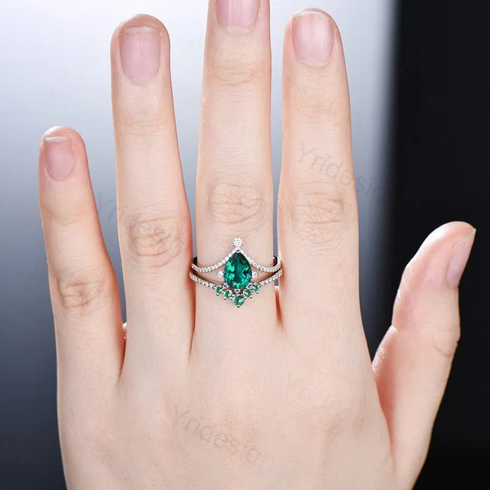 PENFINE Rings Vintage Pear shaped emerald wedding set art deco unique emerald diamond engagement ring promise ring for women bridal ring Anniversary Gift PENFINE Rings Vintage Pear shaped emerald wedding set art deco unique emerald diamond engagement ring promise ring for women bridal ring Anniversary Gift