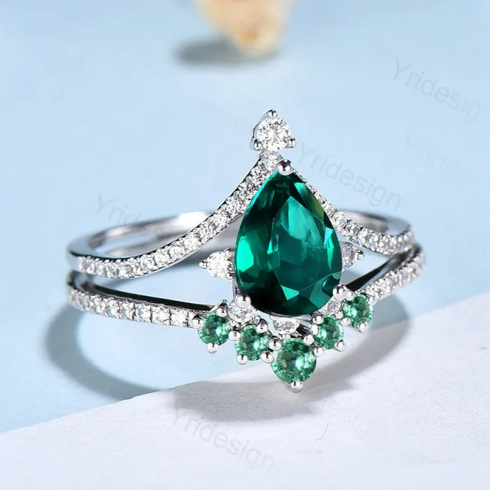 PENFINE Rings Vintage Pear shaped emerald wedding set art deco unique emerald diamond engagement ring promise ring for women bridal ring Anniversary Gift PENFINE Rings Vintage Pear shaped emerald wedding set art deco unique emerald diamond engagement ring promise ring for women bridal ring Anniversary Gift