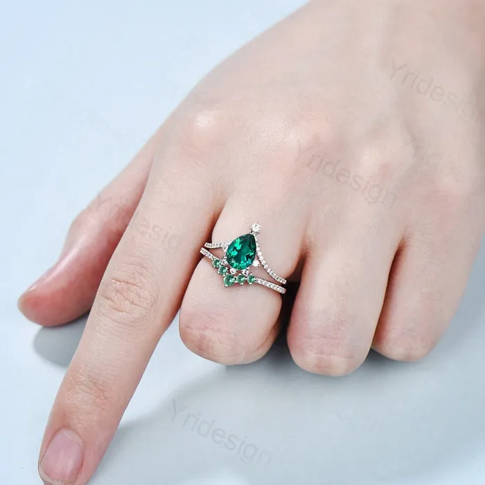 PENFINE Rings Vintage Pear shaped emerald wedding set art deco unique emerald diamond engagement ring promise ring for women bridal ring Anniversary Gift PENFINE Rings Vintage Pear shaped emerald wedding set art deco unique emerald diamond engagement ring promise ring for women bridal ring Anniversary Gift