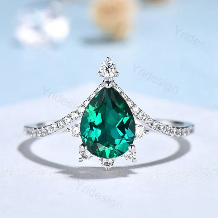PENFINE Rings Vintage Pear shaped emerald wedding set art deco unique emerald diamond engagement ring promise ring for women bridal ring Anniversary Gift PENFINE Rings Vintage Pear shaped emerald wedding set art deco unique emerald diamond engagement ring promise ring for women bridal ring Anniversary Gift
