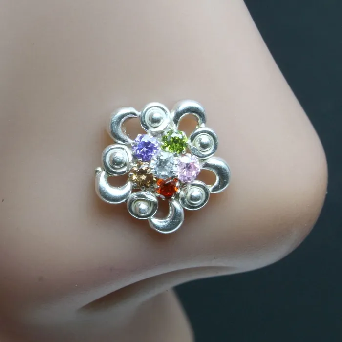 Rings Karizma Jewels Medusa Indian 925 Sterling Silver Multicolor CZ Studded Corkscrew nose ring 22g