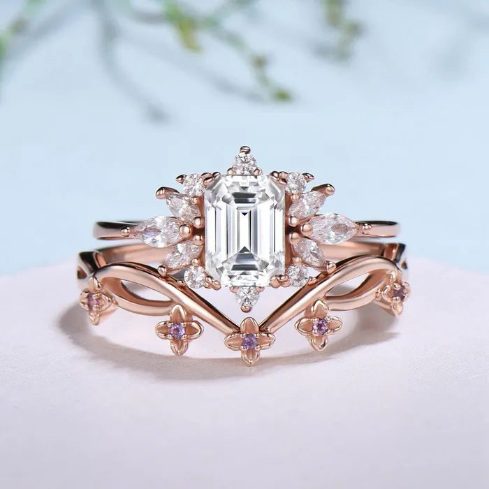 Rings PENFINE Fancy Emerald Cut Moissanite Engagement Ring Set Halo Moissanite Wedding Ring Set Women Unique Amethyst Branch Bridal Set Personalized Gift