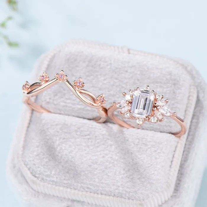 Rings PENFINE Fancy Emerald Cut Moissanite Engagement Ring Set Halo Moissanite Wedding Ring Set Women Unique Amethyst Branch Bridal Set Personalized Gift