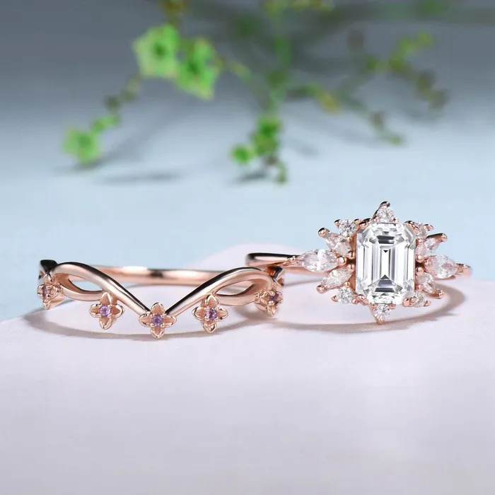 Rings PENFINE Fancy Emerald Cut Moissanite Engagement Ring Set Halo Moissanite Wedding Ring Set Women Unique Amethyst Branch Bridal Set Personalized Gift