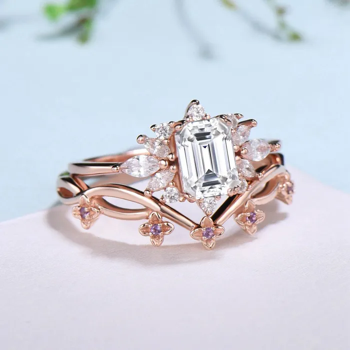 Rings PENFINE Fancy Emerald Cut Moissanite Engagement Ring Set Halo Moissanite Wedding Ring Set Women Unique Amethyst Branch Bridal Set Personalized Gift