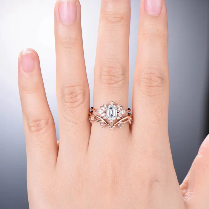 Rings PENFINE Fancy Emerald Cut Moissanite Engagement Ring Set Halo Moissanite Wedding Ring Set Women Unique Amethyst Branch Bridal Set Personalized Gift
