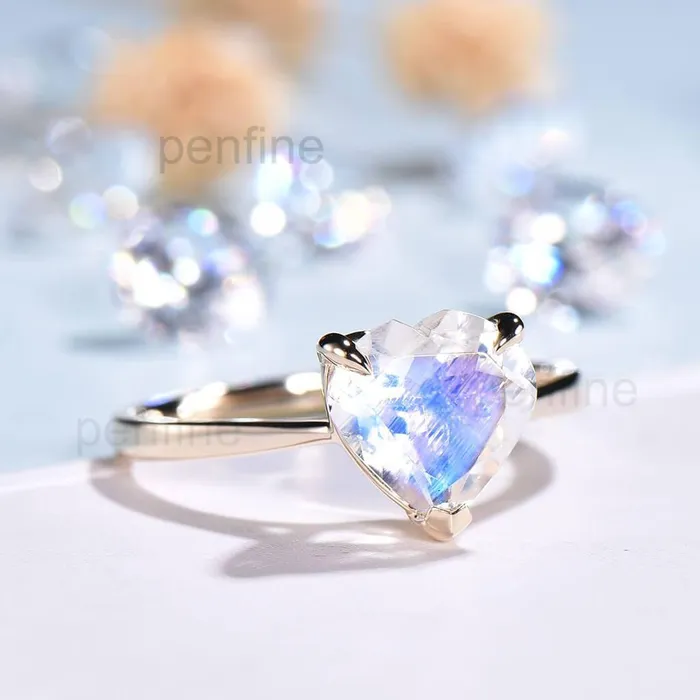 Rings PENFINE Heart Shaped Rainbow Moonstone Engagement Ring Solitaire