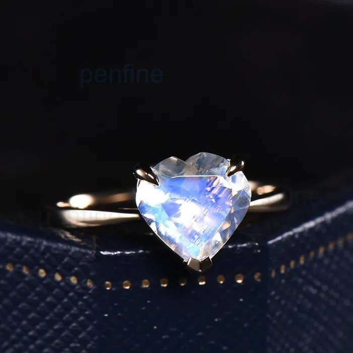 Rings PENFINE Heart Shaped Rainbow Moonstone Engagement Ring Solitaire