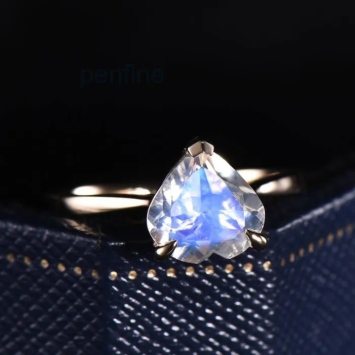 Rings PENFINE Heart Shaped Rainbow Moonstone Engagement Ring Solitaire