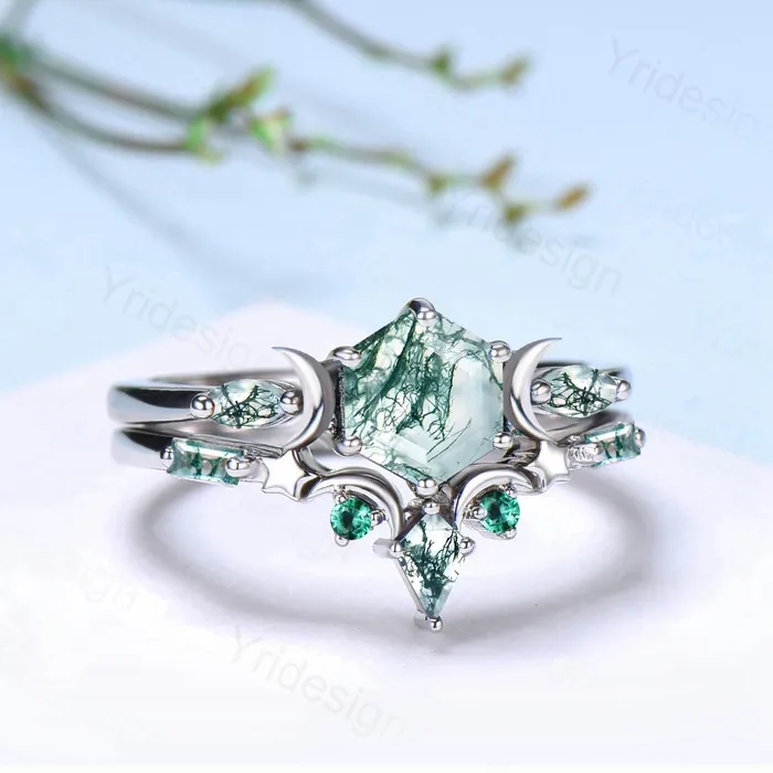 Rings PENFINE Three Stone Moon Star Moss Agate Ring Set Elegant Hexagon Green Agate Engagement Ring Unique Green Gemstone Wedding Ring Set 2pcs Bridal Set Rings PENFINE Three Stone Moon Star Moss Agate Ring Set Elegant Hexagon Green Agate Engagement Ring Unique Green Gemstone Wedding Ring Set 2pcs Bridal Set