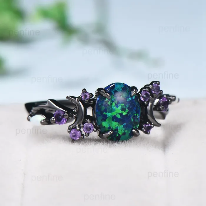 Rings PENFINE Unique Black Gold Opal Engagement Ring Vintage Black Opal Moon Engagement Ring Branch Cluster Amethyst Wedding Ring Promise Gift For Women