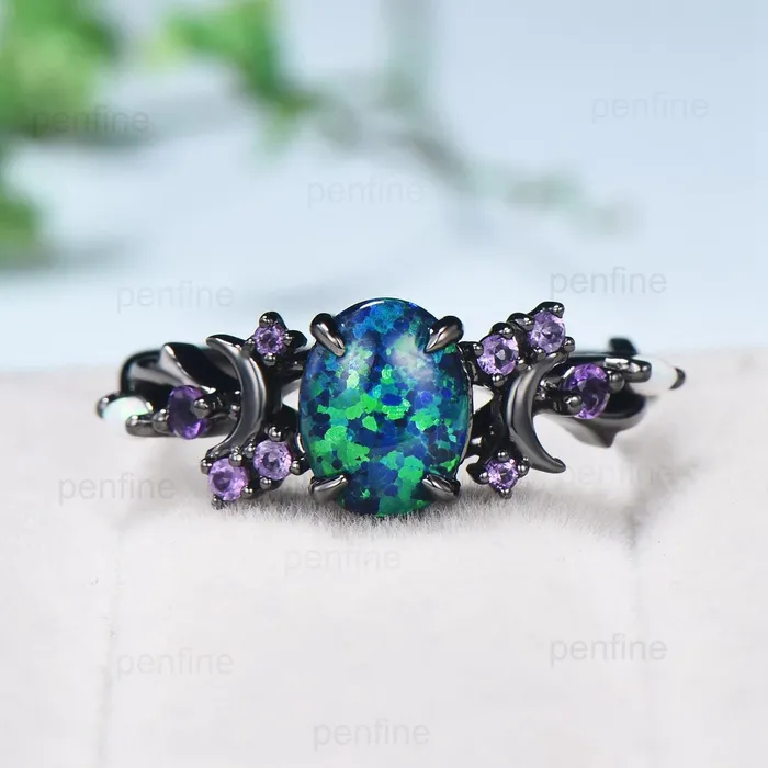 Rings PENFINE Unique Black Gold Opal Engagement Ring Vintage Black Opal Moon Engagement Ring Branch Cluster Amethyst Wedding Ring Promise Gift For Women Rings PENFINE Unique Black Gold Opal Engagement Ring Vintage Black Opal Moon Engagement Ring Branch Cluster Amethyst Wedding Ring Promise Gift For Women