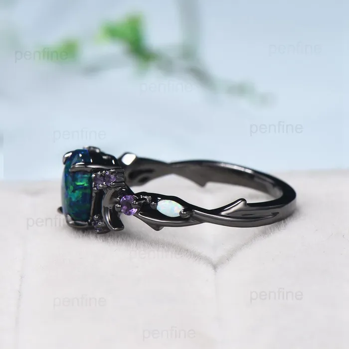 Rings PENFINE Unique Black Gold Opal Engagement Ring Vintage Black Opal Moon Engagement Ring Branch Cluster Amethyst Wedding Ring Promise Gift For Women Rings PENFINE Unique Black Gold Opal Engagement Ring Vintage Black Opal Moon Engagement Ring Branch Cluster Amethyst Wedding Ring Promise Gift For Women