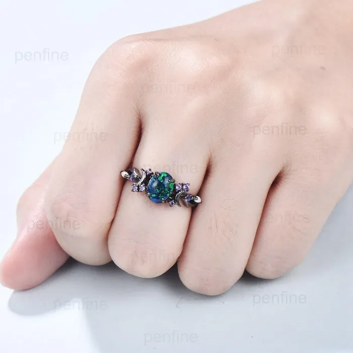 Rings PENFINE Unique Black Gold Opal Engagement Ring Vintage Black Opal Moon Engagement Ring Branch Cluster Amethyst Wedding Ring Promise Gift For Women Rings PENFINE Unique Black Gold Opal Engagement Ring Vintage Black Opal Moon Engagement Ring Branch Cluster Amethyst Wedding Ring Promise Gift For Women