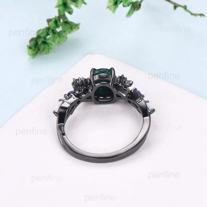 Rings PENFINE Unique Black Gold Opal Engagement Ring Vintage Black Opal Moon Engagement Ring Branch Cluster Amethyst Wedding Ring Promise Gift For Women Rings PENFINE Unique Black Gold Opal Engagement Ring Vintage Black Opal Moon Engagement Ring Branch Cluster Amethyst Wedding Ring Promise Gift For Women