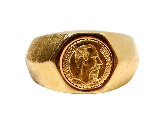 Vintage by Misty Rings 1990s Maximillano Emperador Coin 14k Gold Plated Etched Cocktail Ring