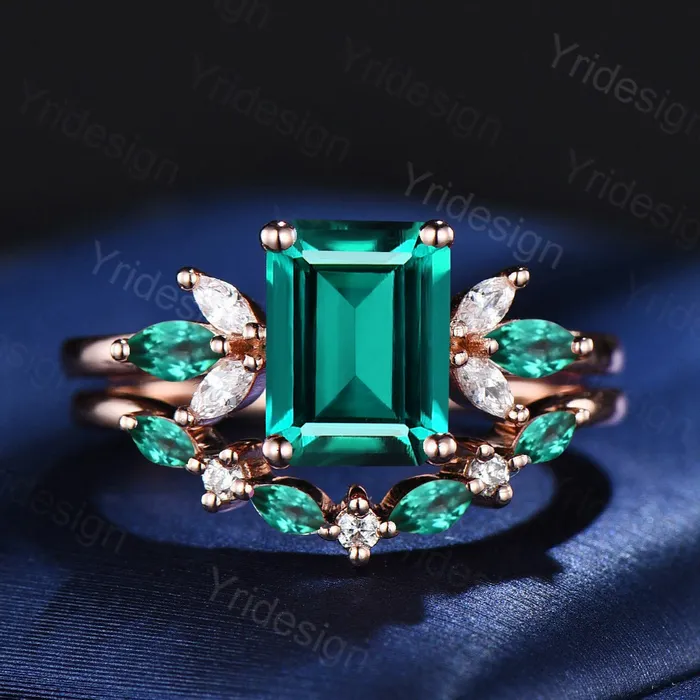 Vintage Emerald Cut Emerald Engagement Ring Set Unique Cluster Marquise Wedding Ring Set Art Deco Green Crystal Moissanite Bridal Ring Set PENFINE Rings