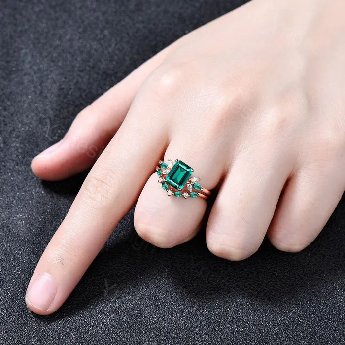 Vintage Emerald Cut Emerald Engagement Ring Set Unique Cluster Marquise Wedding Ring Set Art Deco Green Crystal Moissanite Bridal Ring Set PENFINE Rings Vintage Emerald Cut Emerald Engagement Ring Set Unique Cluster Marquise Wedding Ring Set Art Deco Green Crystal Moissanite Bridal Ring Set PENFINE Rings