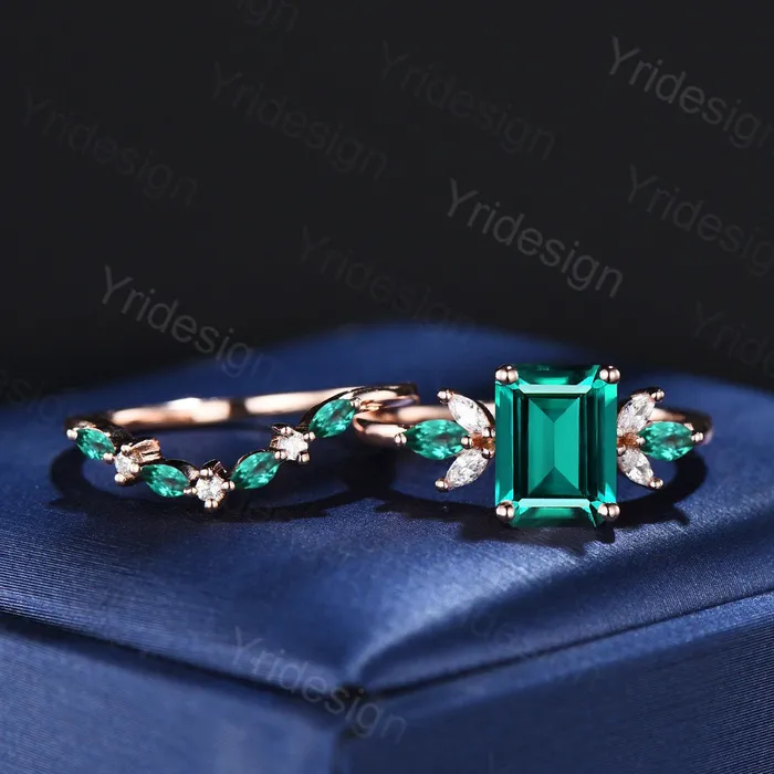 Vintage Emerald Cut Emerald Engagement Ring Set Unique Cluster Marquise Wedding Ring Set Art Deco Green Crystal Moissanite Bridal Ring Set PENFINE Rings Vintage Emerald Cut Emerald Engagement Ring Set Unique Cluster Marquise Wedding Ring Set Art Deco Green Crystal Moissanite Bridal Ring Set PENFINE Rings