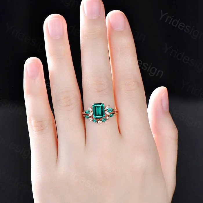 Vintage Emerald Cut Emerald Engagement Ring Set Unique Cluster Marquise Wedding Ring Set Art Deco Green Crystal Moissanite Bridal Ring Set PENFINE Rings Vintage Emerald Cut Emerald Engagement Ring Set Unique Cluster Marquise Wedding Ring Set Art Deco Green Crystal Moissanite Bridal Ring Set PENFINE Rings