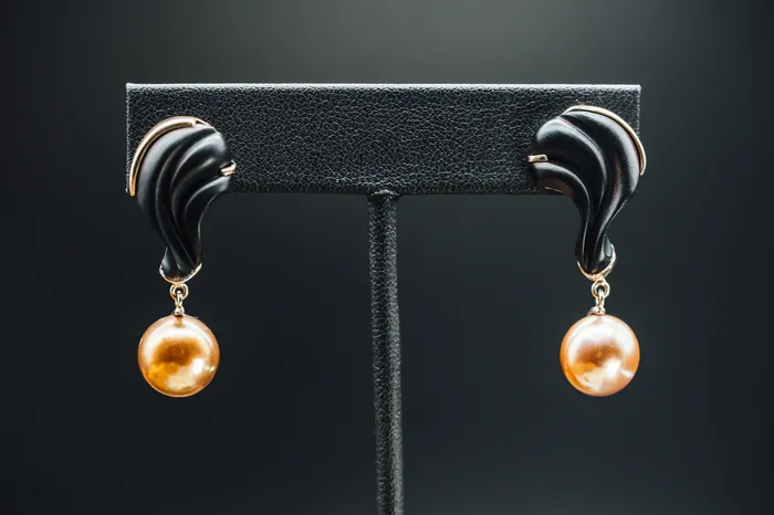 14k White Gold Onyx and Pearl Drop Earrrings Art FX fine jewelry Earrings