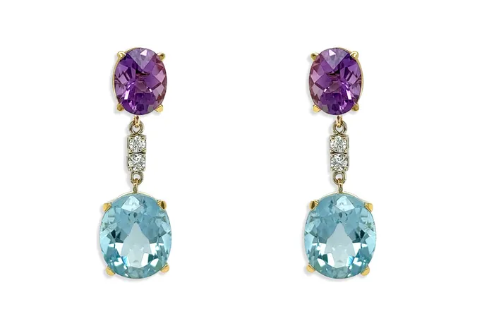 Albert Hern Earrings Earrings 18kt Gold Amethyst Blue Topaz Drops with Diamonds Albert Hern Earrings Earrings 18kt Gold Amethyst Blue Topaz Drops with Diamonds