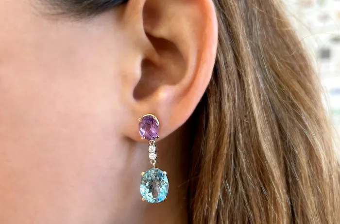Albert Hern Earrings Earrings 18kt Gold Amethyst Blue Topaz Drops with Diamonds Albert Hern Earrings Earrings 18kt Gold Amethyst Blue Topaz Drops with Diamonds