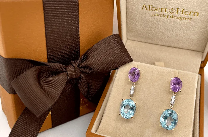 Albert Hern Earrings Earrings 18kt Gold Amethyst Blue Topaz Drops with Diamonds Albert Hern Earrings Earrings 18kt Gold Amethyst Blue Topaz Drops with Diamonds