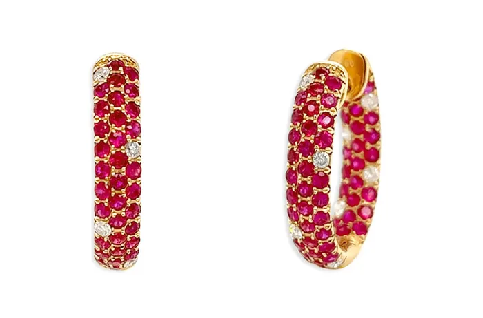 Albert Hern Earrings Earrings 18kt Gold ThreeRow Rubies Diamonds Hoops