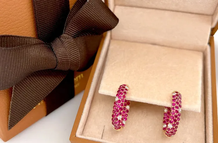 Albert Hern Earrings Earrings 18kt Gold ThreeRow Rubies Diamonds Hoops Albert Hern Earrings Earrings 18kt Gold ThreeRow Rubies Diamonds Hoops