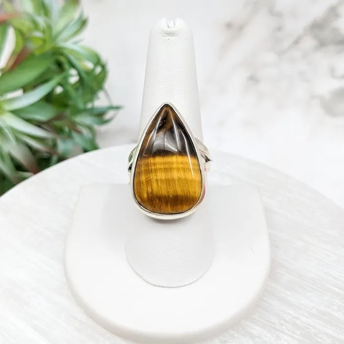 Bliss Crystals Rings Tigers Eye Sz 9 Teardrop SS Ring LV5106