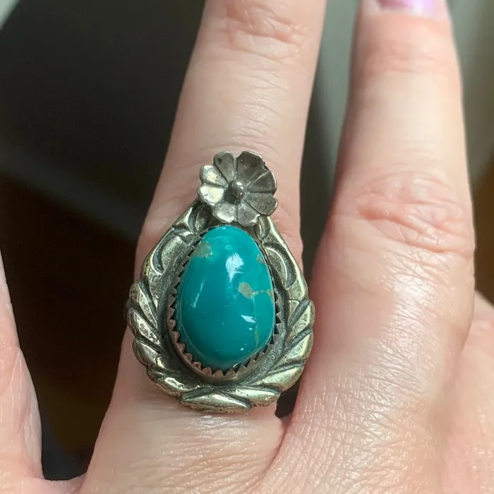 Rings Love Vintage Paris Turquoise Flower Ring Native American Sterling Silver Vintage