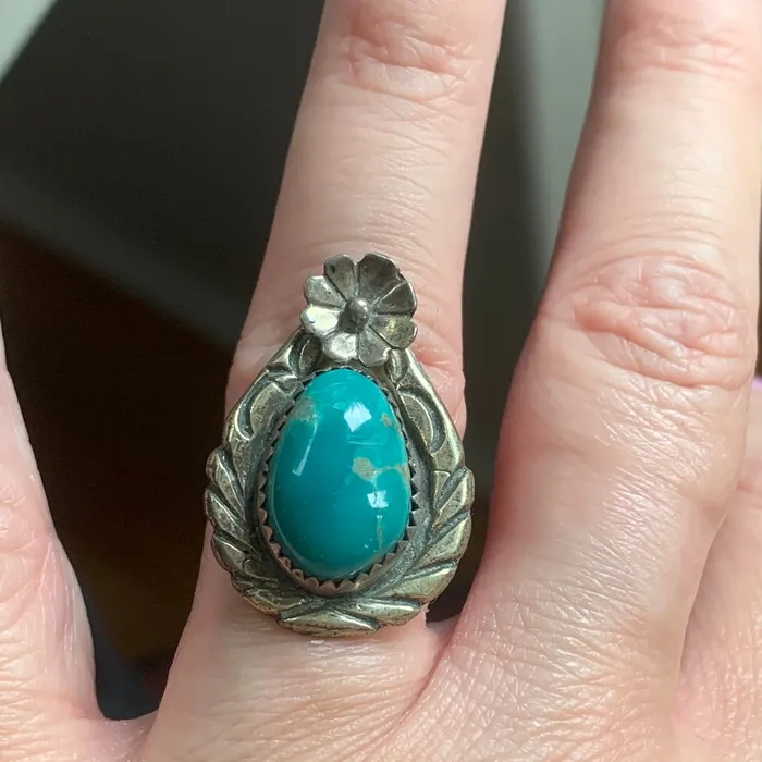 Rings Love Vintage Paris Turquoise Flower Ring Native American Sterling Silver Vintage