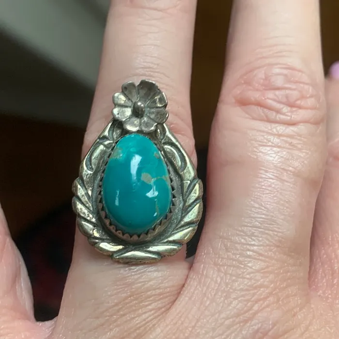 Rings Love Vintage Paris Turquoise Flower Ring Native American Sterling Silver Vintage