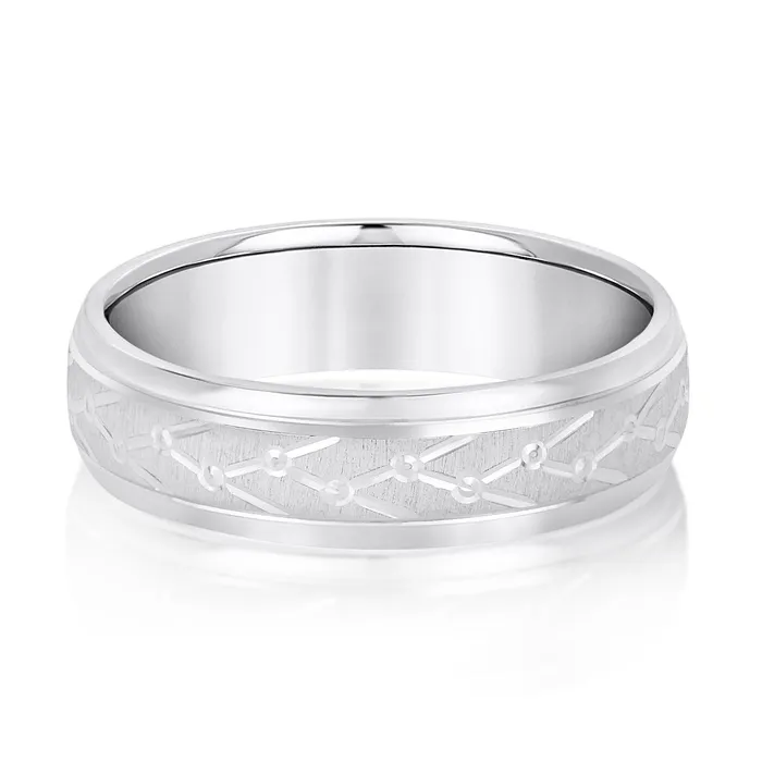 Rings Nature Inspired Geometric Pattern 6mm Mans Wedding Band 14K Gold Albrecht Jewellery