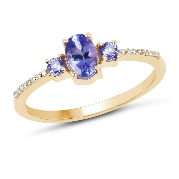 Rings Quintessence Tanzanite and Diamond 3 Stone Ring in Solid 14K Yellow Gold So Elegant and Dainty