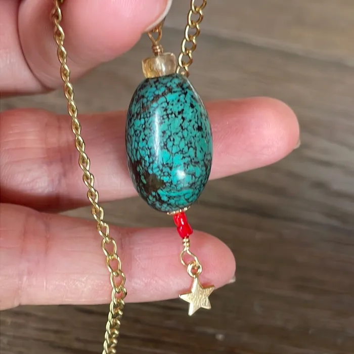 Turquoise Pendant Citrine and Red Coral Star Drop Gold Filled Handmade Vintage Paris Jewelry Earrings Turquoise Pendant Citrine and Red Coral Star Drop Gold Filled Handmade Vintage Paris Jewelry Earrings