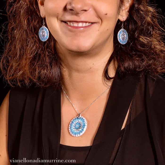 Vianello Nadia Murrine di Trebbi Davide Earrings Murano glass Aquamarine Pendant and earrings set Millefiori 27