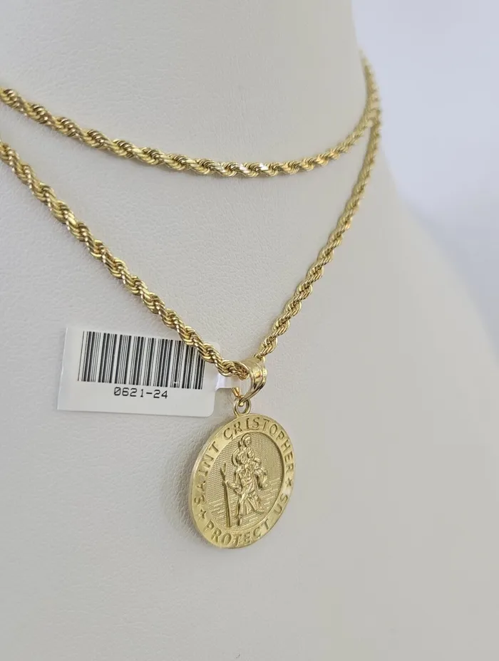 10k 25mm Rope Chain Saint Christopher Pendant 1830 Gold Set Charm Necklace Gold and Diamond Necklaces