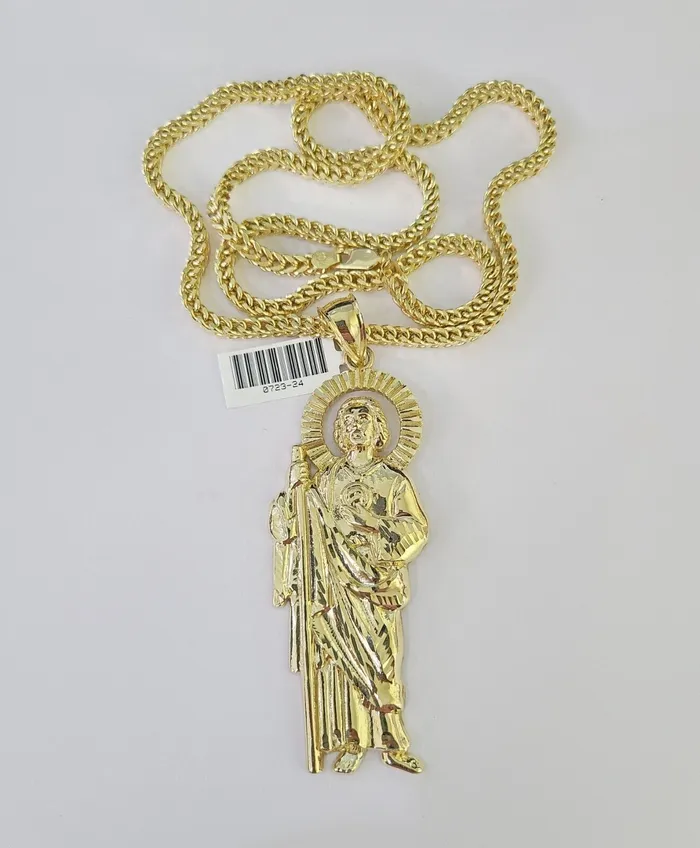 Gold and Diamond 10K Franco Chain Saint Jude Pendant Charm Necklace 2028 4mm Gold SET Yellow Necklaces