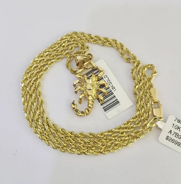 Gold and Diamond Necklaces 10k Solid Rope Chain 2mm Necklace Scorpion Pendant Charm SET 1824 in