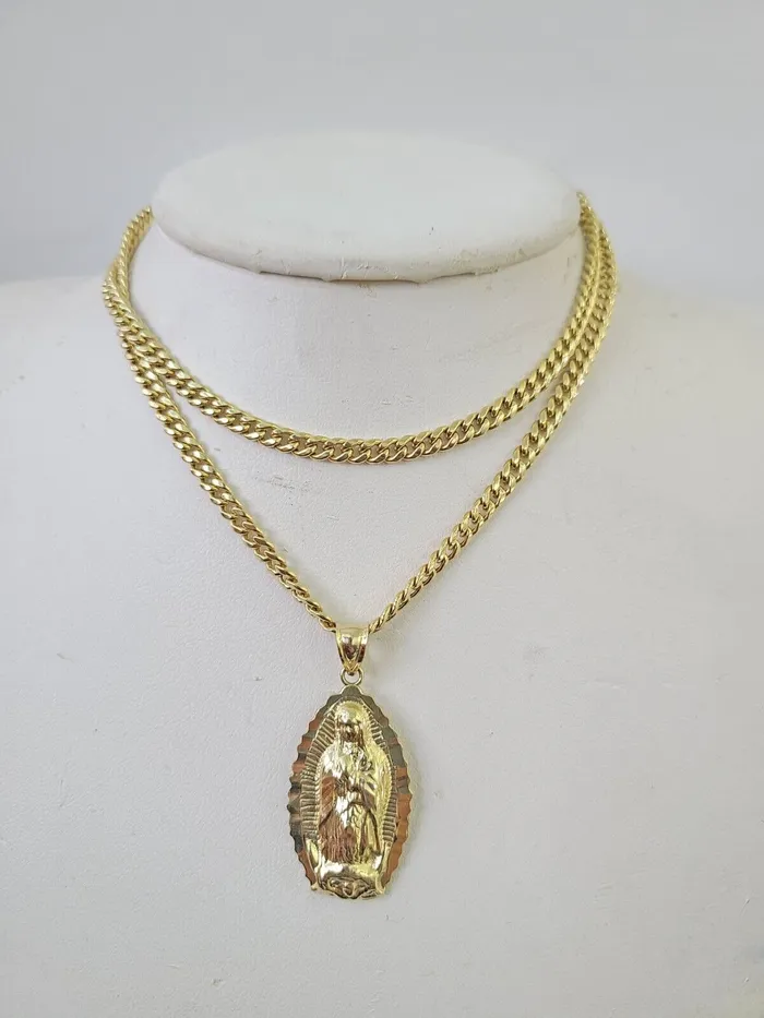 Necklaces 10k Miami Cuban Chain Virgin Mary Charm Set 4mm 1828 Necklace Yellow Gold Globalwatches10