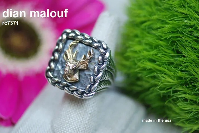 rc7371 14K Deer Head Large On Sterling Silver Fern Shank Sterling Braid dian malouf jewelry made in the usa Rings rc7371 14K Deer Head Large On Sterling Silver Fern Shank Sterling Braid dian malouf jewelry made in the usa Rings