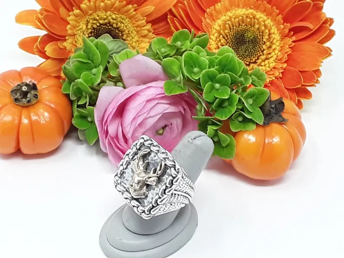 rc7371 14K Deer Head Large On Sterling Silver Fern Shank Sterling Braid dian malouf jewelry made in the usa Rings rc7371 14K Deer Head Large On Sterling Silver Fern Shank Sterling Braid dian malouf jewelry made in the usa Rings