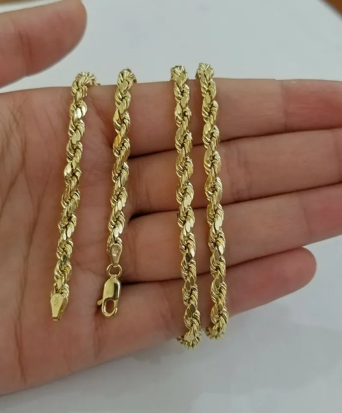 Rings Gold and Diamond Solid 10k Gold Rope Chain 20 Diamond Cut 4mm Men Women Lobster REAL 10kt Gold