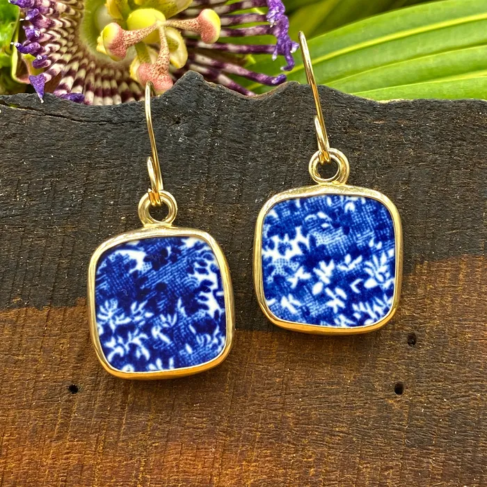 Earrings Crucian Gold Blue Garden Textures 14k Gold Earrings
