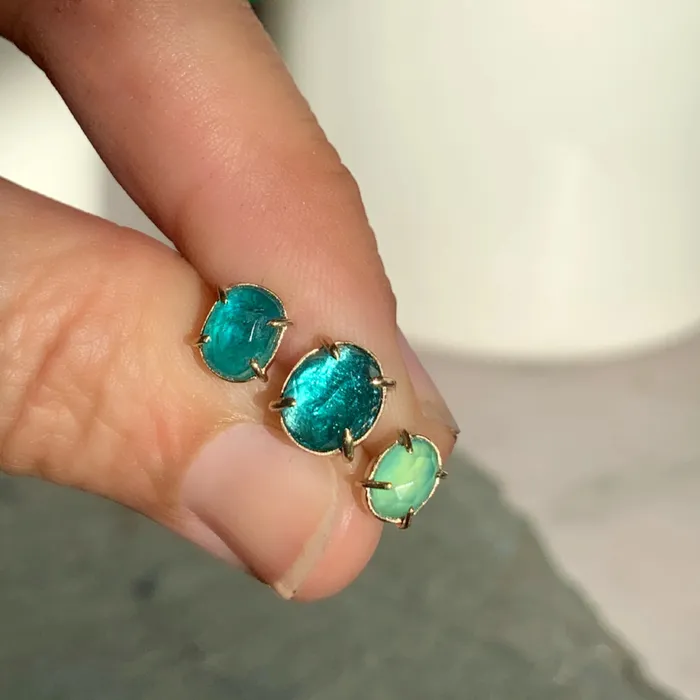 Emily Amey Jewelry Grandidierite prong studs in 14k gold and sterling silver Rings