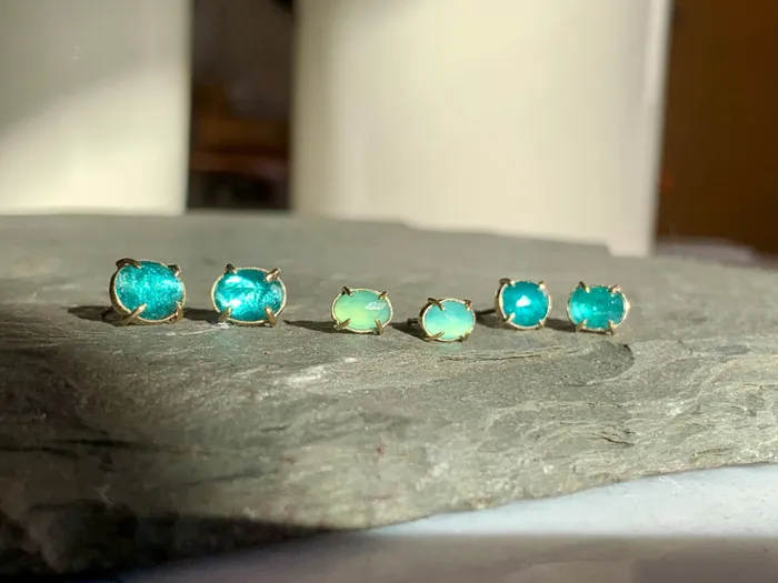 Emily Amey Jewelry Grandidierite prong studs in 14k gold and sterling silver Rings